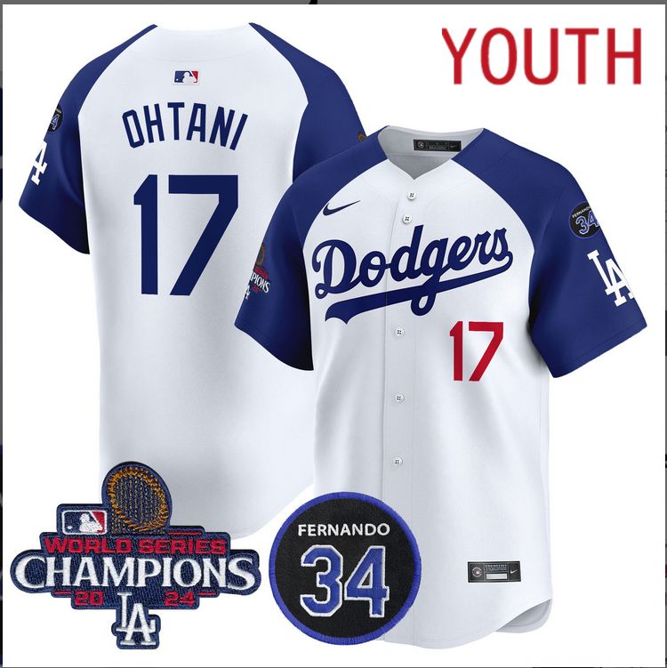 Youth MLB Los Angeles Dodgers 17 Ohtani white 2024 World Series Champions Patch Limited Jersey style 2